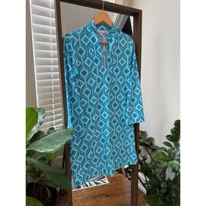 Jude Connally Geometric Prior Dress Blue White Green Size Small Long Sleeve USA